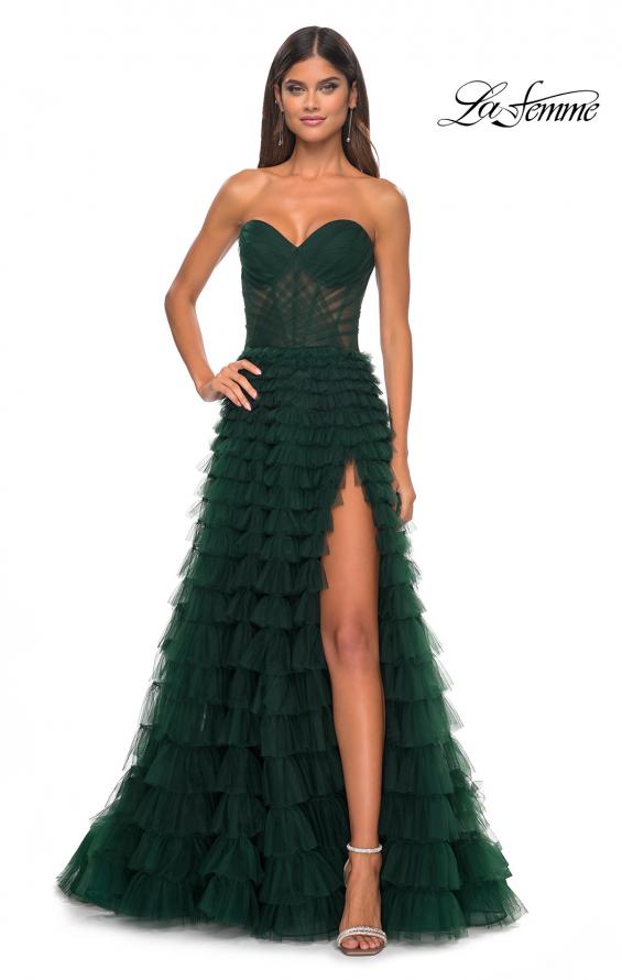 Picture of: A-Line Ruffle Tulle Prom Dress with Sweetheart Top in Dark Emerald, Style: 32283, Detail Picture 1