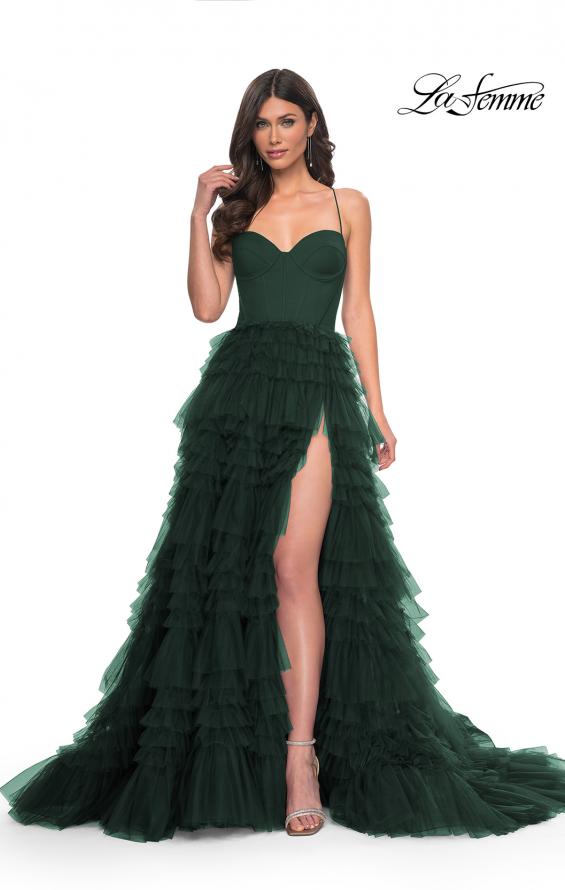 Picture of: Ruffle Tulle A-Line Dress with Satin Bustier Top in Dark Emerald, Style: 32071, Detail Picture 2