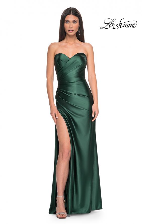 Picture of: Stretch Satin Gown with Sweetheart Top and Illusion Back in Dark Emerald, Style: 32159, Detail Picture 2
