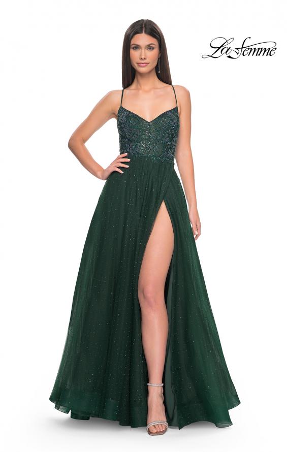 Picture of: Beautiful Rhinestone Beaded Illusion Top Tulle Prom Dress in Dark Emerald, Style: 32020, Detail Picture 3