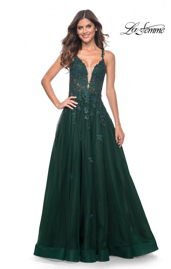 Picture of: A-Line Tulle Dress with Rhinestone Embellished Lace Applique in Dark Emerald, Style: 32022, Detail Picture 3