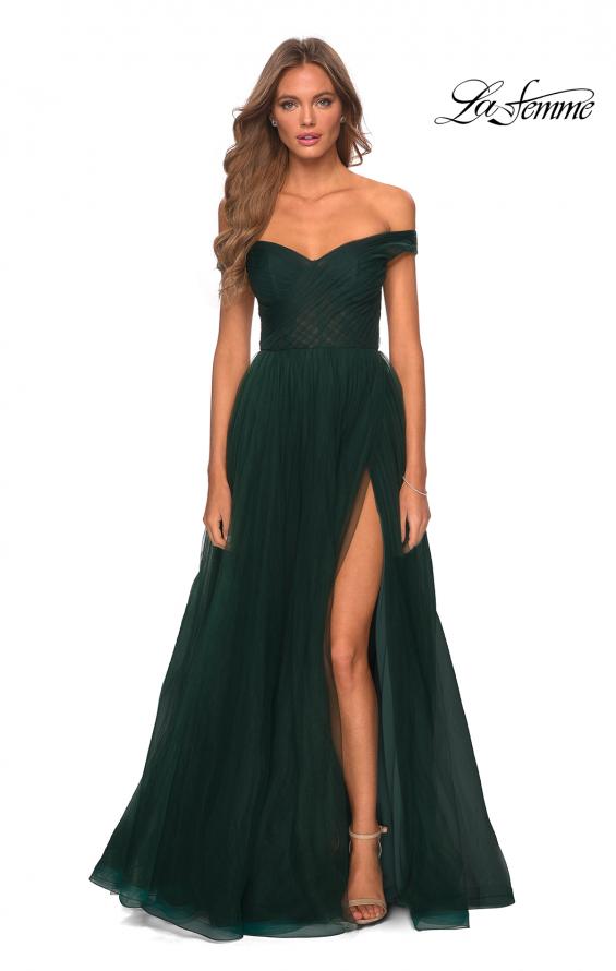 Picture of: Off The Shoulder Tulle Prom Dress with Sheer Bodice in Dark Emerald, Style: 28462, Detail Picture 4