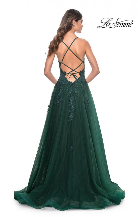 Picture of: A-Line Tulle Dress with Rhinestone Embellished Lace Applique in Dark Emerald, Style: 32022, Detail Picture 4