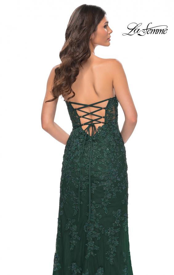Picture of: Jewel Tone Embroidered Lace Fitted Prom Dress with Lace Edge Slit in Green, Style: 32437, Detail Picture 4
