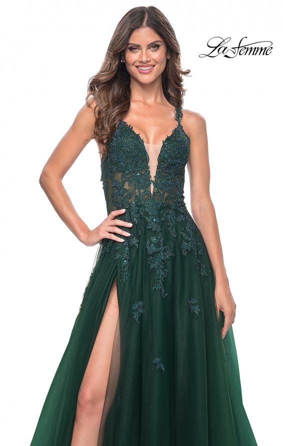 Picture of: A-Line Tulle Dress with Rhinestone Embellished Lace Applique in Dark Emerald, Style: 32022, Detail Picture 5
