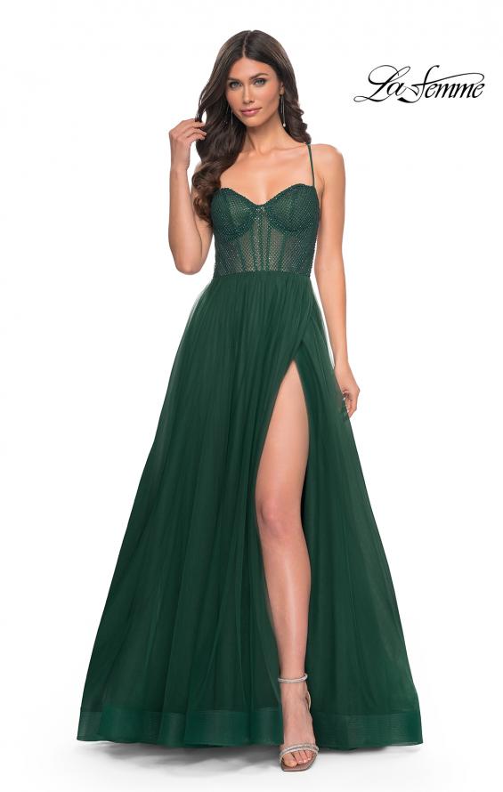 Picture of: A-Line Tulle Gown with High Slit and Illusion Rhinestone Fishnet Bodice in Green, Style: 32135, Detail Picture 5