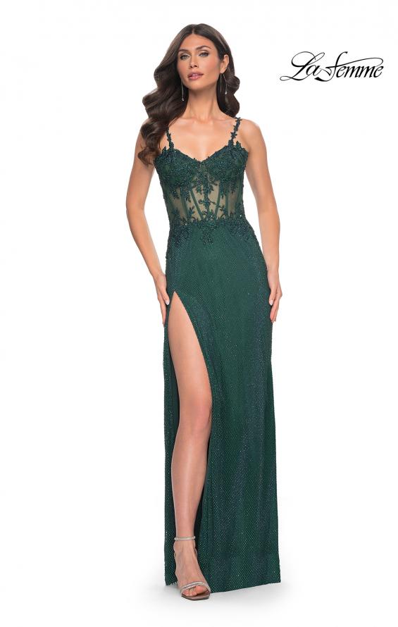 Picture of: Rhinestone Fishnet Dress with Lace Detail on Sheer Bodice in Green, Style: 32232, Detail Picture 5