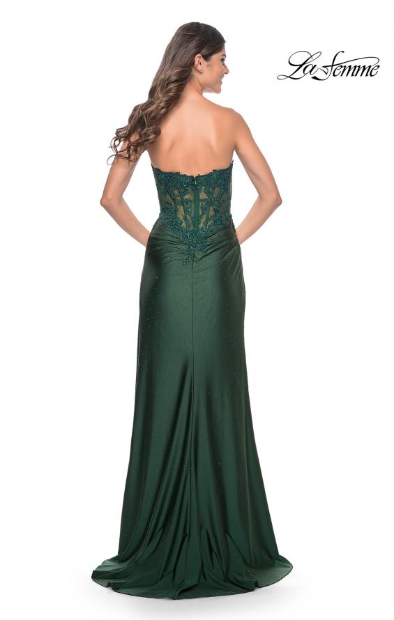 Picture of: Ruched Jersey Skirt with Lace Illusion Top and Rhinestone Prom Dress in Dark Emerald, Style: 32011, Detail Picture 6