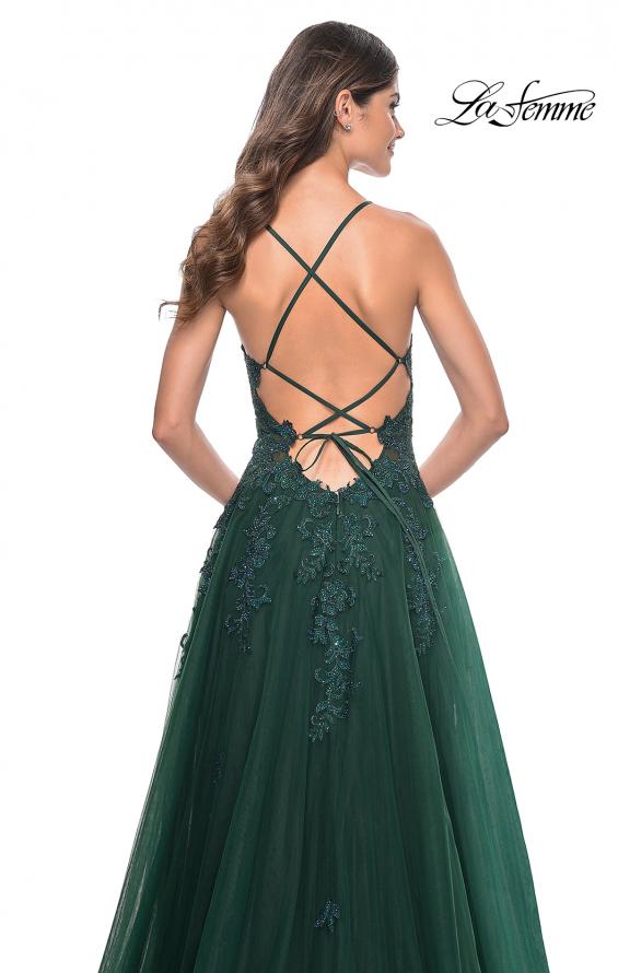 Picture of: A-Line Tulle Dress with Rhinestone Embellished Lace Applique in Dark Emerald, Style: 32022, Detail Picture 6