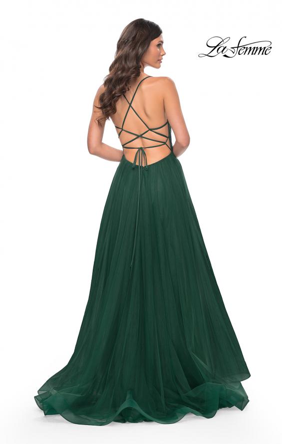 Picture of: A-Line Tulle Gown with High Slit and Illusion Rhinestone Fishnet Bodice in Green, Style: 32135, Detail Picture 6