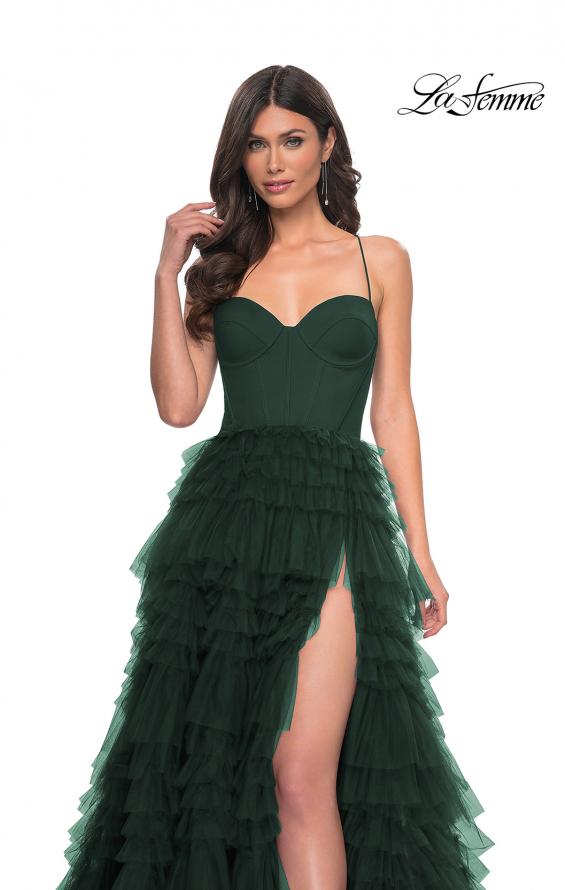 Picture of: Ruffle Tulle A-Line Dress with Satin Bustier Top in Dark Emerald, Style: 32071, Detail Picture 7