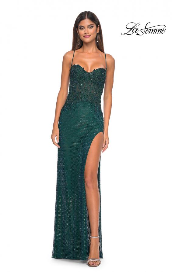 Picture of: Rhinestone Fishnet Gown with Lace Detail and High Slit in Dark Emerald, Style: 32218, Detail Picture 7