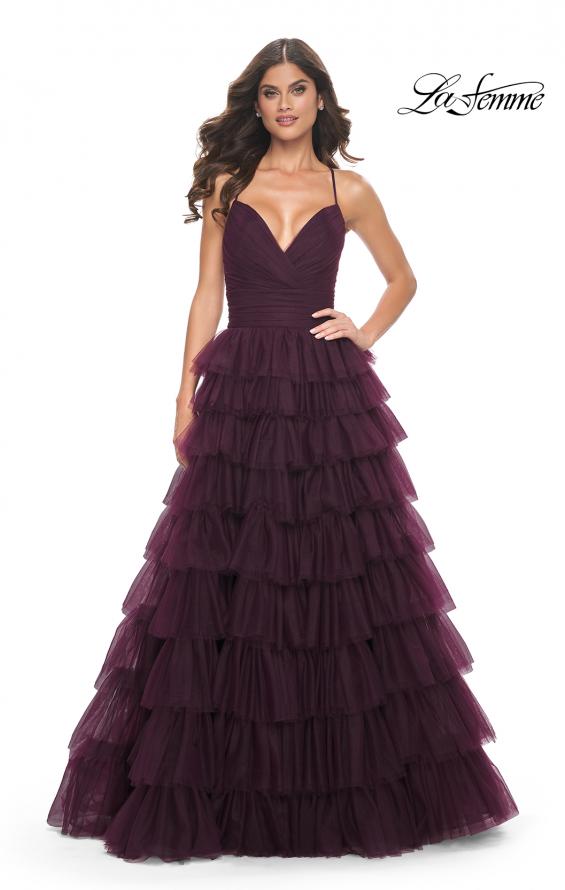 Picture of: A-Line Ruffle Tulle Gown with High Slit and Lace Up Back in Dark Berry, Style: 32086, Detail Picture 9