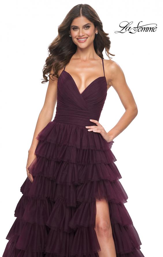 Picture of: A-Line Ruffle Tulle Gown with High Slit and Lace Up Back in Dark Berry, Style: 32086, Detail Picture 10