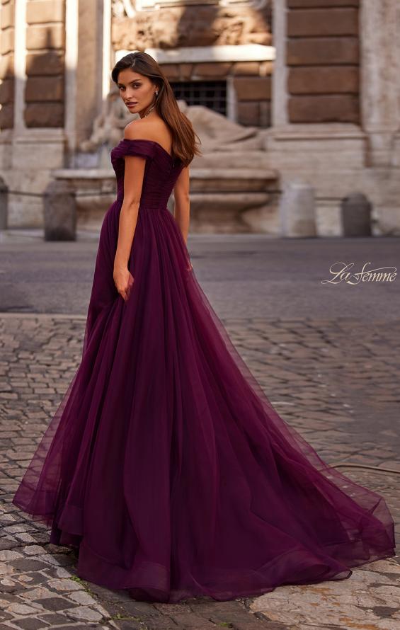 Picture of: A-Line Tulle Prom Dress with Off the Shoulder Top in Dark Berry, Style: 30498, Back Picture