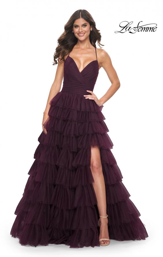 Picture of: A-Line Ruffle Tulle Gown with High Slit and Lace Up Back in Dark Berry, Style: 32086, Detail Picture 5