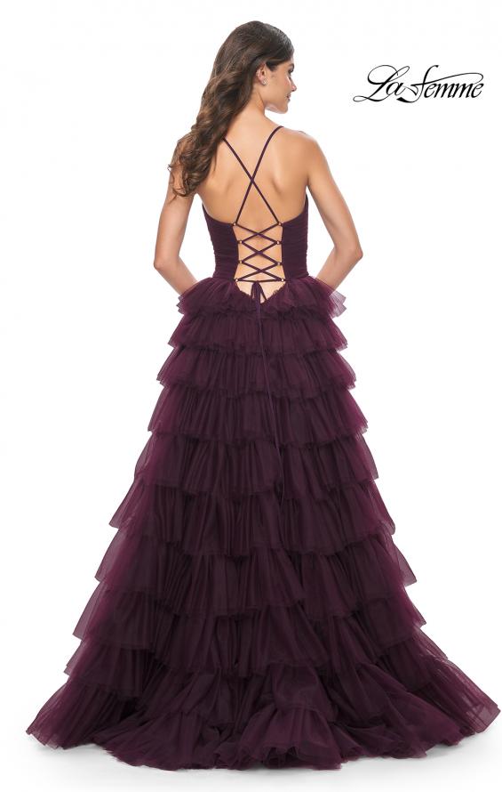 Picture of: A-Line Ruffle Tulle Gown with High Slit and Lace Up Back in Dark Berry, Style: 32086, Detail Picture 6