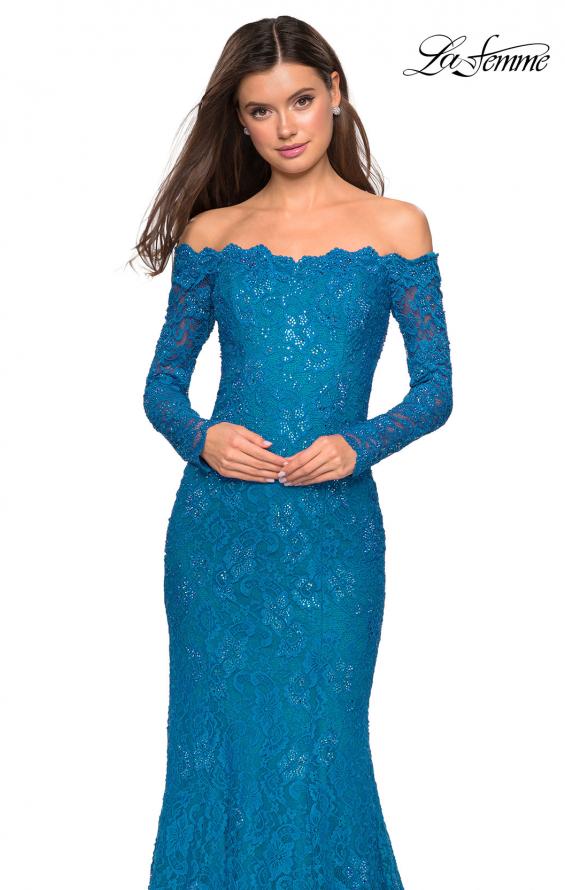 Picture of: Off the Shoulder Long Sleeve Lace Prom Gown in Dark Turquoise, Style: 26393, Detail Picture 1