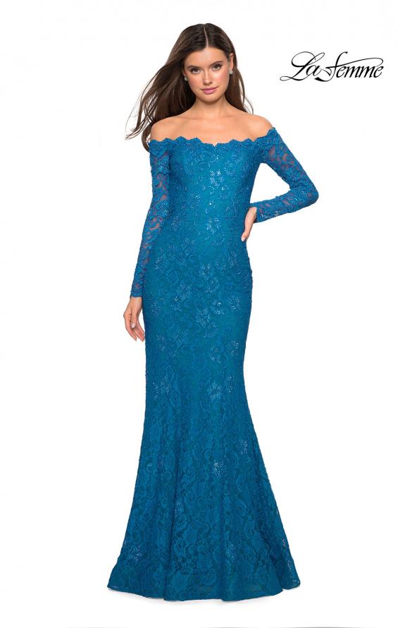 Picture of: Off the Shoulder Long Sleeve Lace Prom Gown in Dark Turquoise, Style: 26393, Detail Picture 4