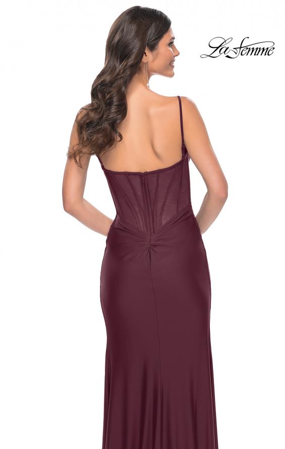 Picture of: Chic Jersey Dress with Ruching and Illusion Back in Dark Wine, Style: 32287, Detail Picture 10