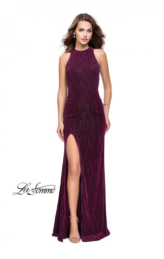 Picture of: Beaded Velvet Patterned Long Prom Dress with Slit in Burgundy, Style: 26116, Detail Picture 2
