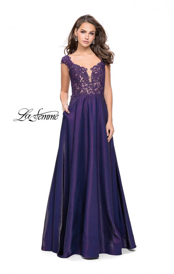 Picture of: A-Line Dress with Satin Skirt and Beaded Lace Bodice in Dark Periwinkle, Style: 25973, Detail Picture 1