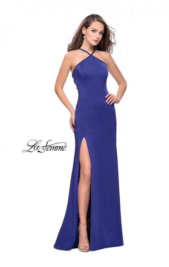 Picture of: Jersey Prom Dress with Beaded Straps and High Neckline in Dark Periwinkle, Style: 25698, Detail Picture 5