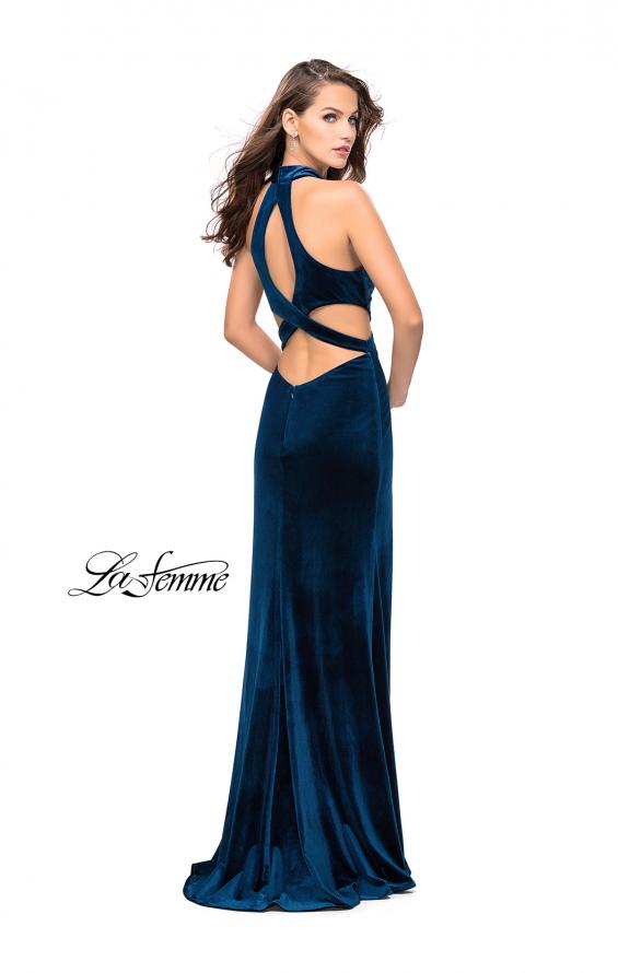Picture of: Long Velvet Prom Dress with High Neckline and Cut Outs in Dark Teal, Style: 25294, Back Picture