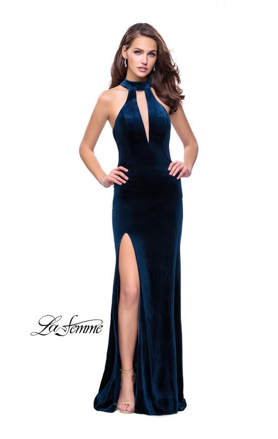 Picture of: Velvet Prom Dress with Open Back and Deep V Cut Out in Dark Teal, Style: 25292, Detail Picture 1