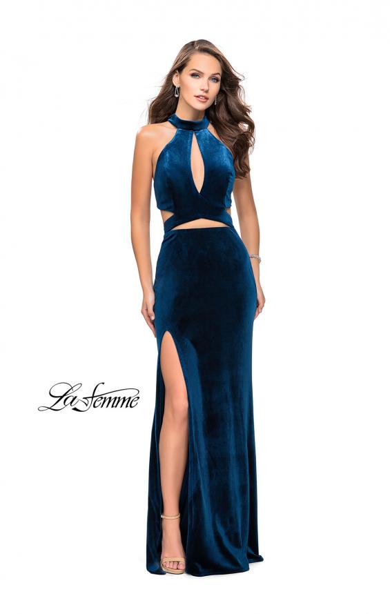 Picture of: Long Velvet Prom Dress with High Neckline and Cut Outs in Dark Teal, Style: 25294, Detail Picture 2