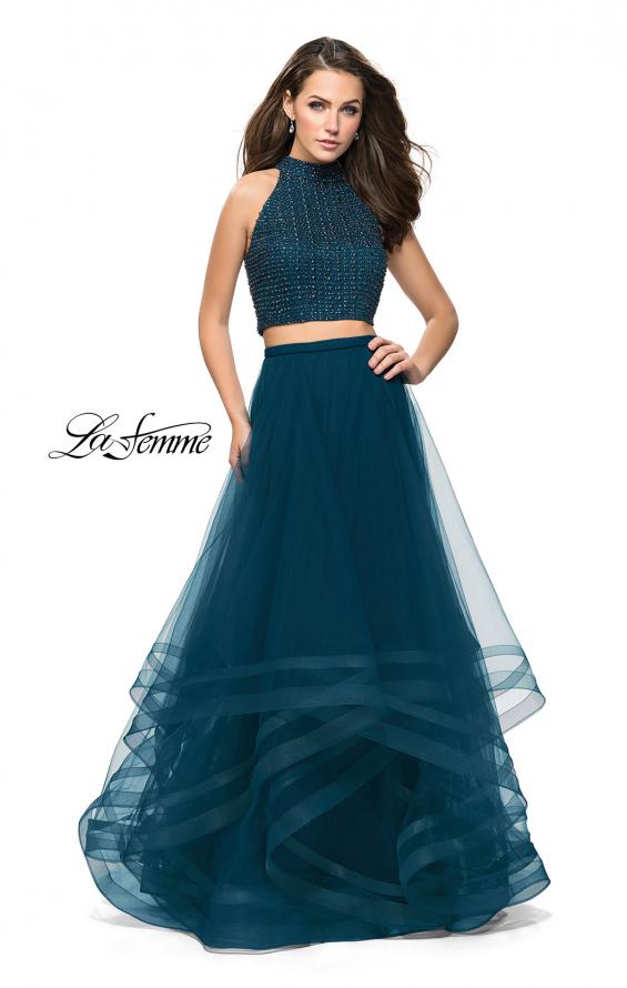 Picture of: Two Piece Prom Gown with Ruffle Tulle Skirt and Beading in Dark Teal, Style: 26077, Detail Picture 2