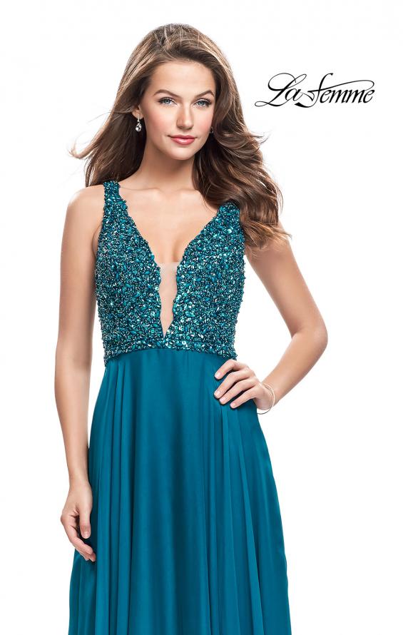 Picture of: A-Line Prom Gown with Chiffon Skirt and Beaded Bodice in Dark Teal, Style: 26053, Detail Picture 2