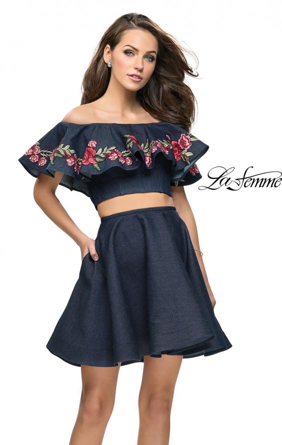 Picture of: Denim Two Piece Dress with Floral Detail and Pockets in Dark Wash, Style: 26627, Main Picture