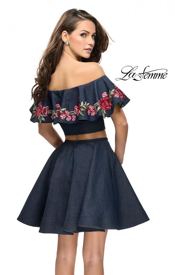 Picture of: Denim Two Piece Dress with Floral Detail and Pockets in Dark Wash, Style: 26627, Back Picture