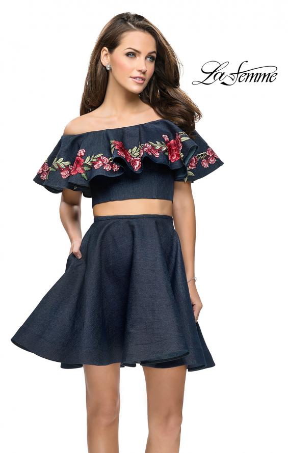 Picture of: Denim Two Piece Dress with Floral Detail and Pockets in Dark Wash, Style: 26627, Detail Picture 1