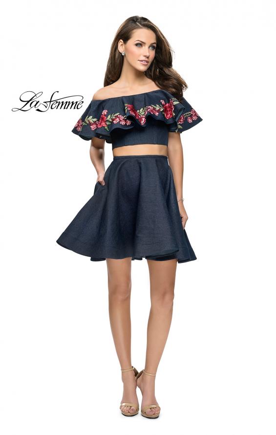 Picture of: Denim Two Piece Dress with Floral Detail and Pockets in Dark Wash, Style: 26627, Detail Picture 2