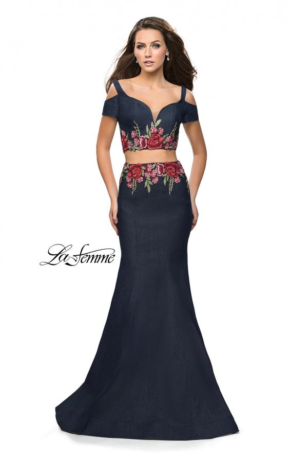 Picture of: Denim Two Piece Prom Dress with Floral Applique in Dark Wash, Style: 25848, Main Picture