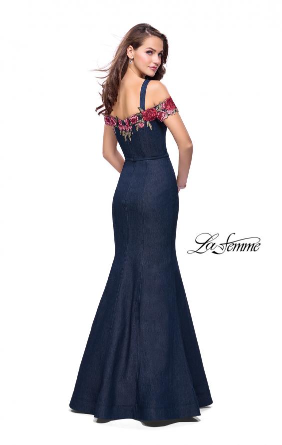 Picture of: Denim Off the Shoulder Dress with Floral Applique in Dark Wash, Style: 25753, Back Picture