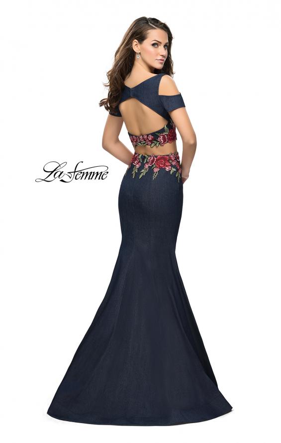 Picture of: Denim Two Piece Prom Dress with Floral Applique in Dark Wash, Style: 25848, Back Picture
