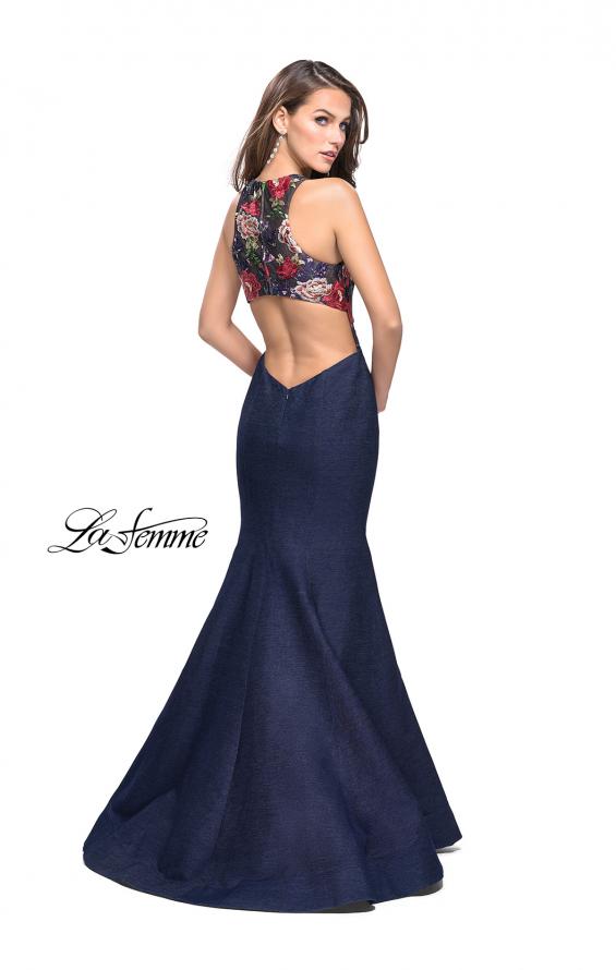 Picture of: High Neck Denim Mermaid Gown with Floral Print in Dark Wash, Style: 25885, Back Picture