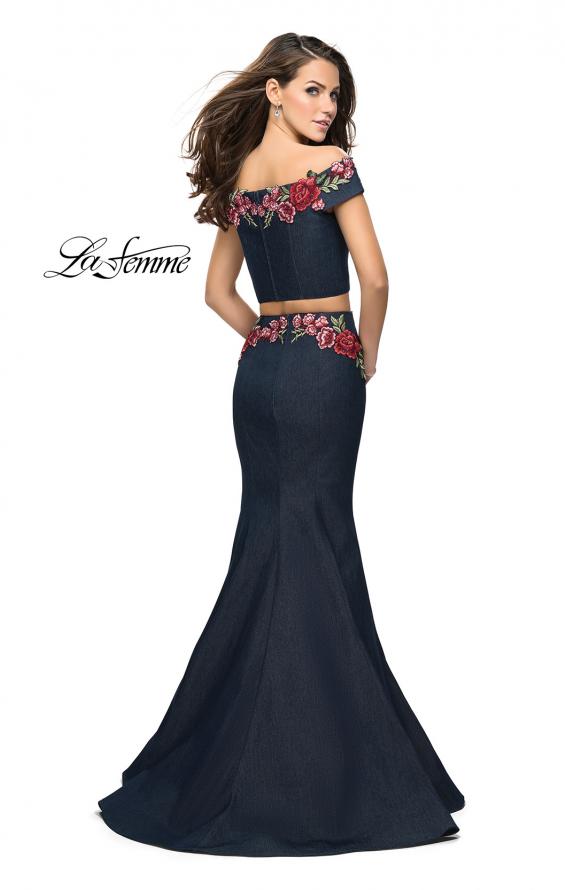 Picture of: Denim Off the Shoulder Floral Two Piece Prom Dress in Dark Wash, Style: 25924, Back Picture