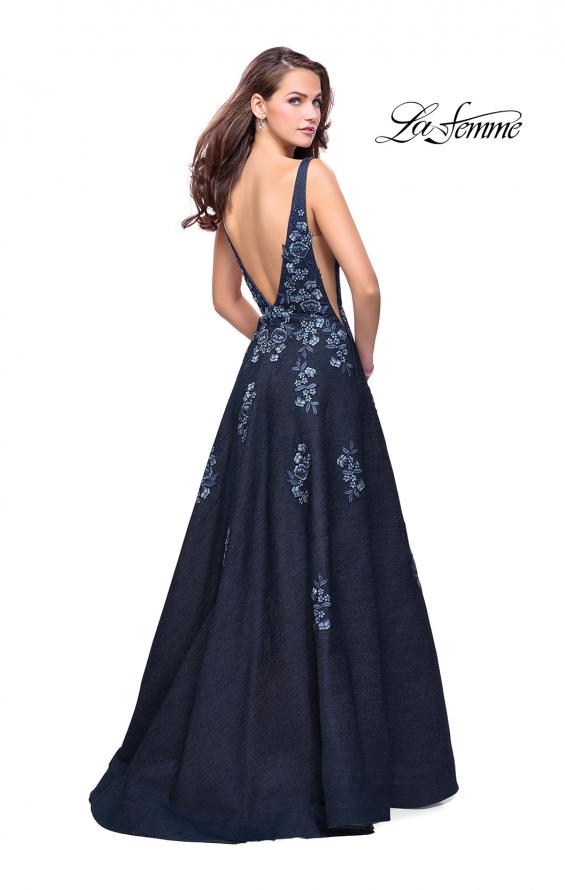 Picture of: Denim A-line Ball Gown with Floral Embellishments in Dark Wash, Style: 26265, Back Picture