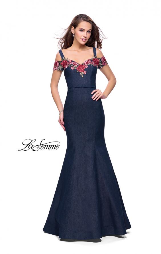 Picture of: Denim Off the Shoulder Dress with Floral Applique in Dark Wash, Style: 25753, Detail Picture 1