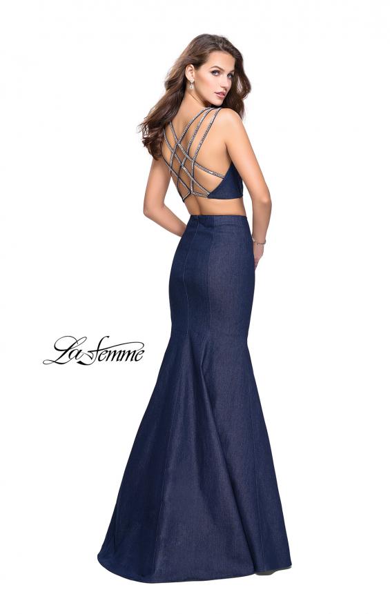 Picture of: Two Piece Denim Prom Dress with Beaded Straps in Dark Wash, Style: 25754, Detail Picture 2