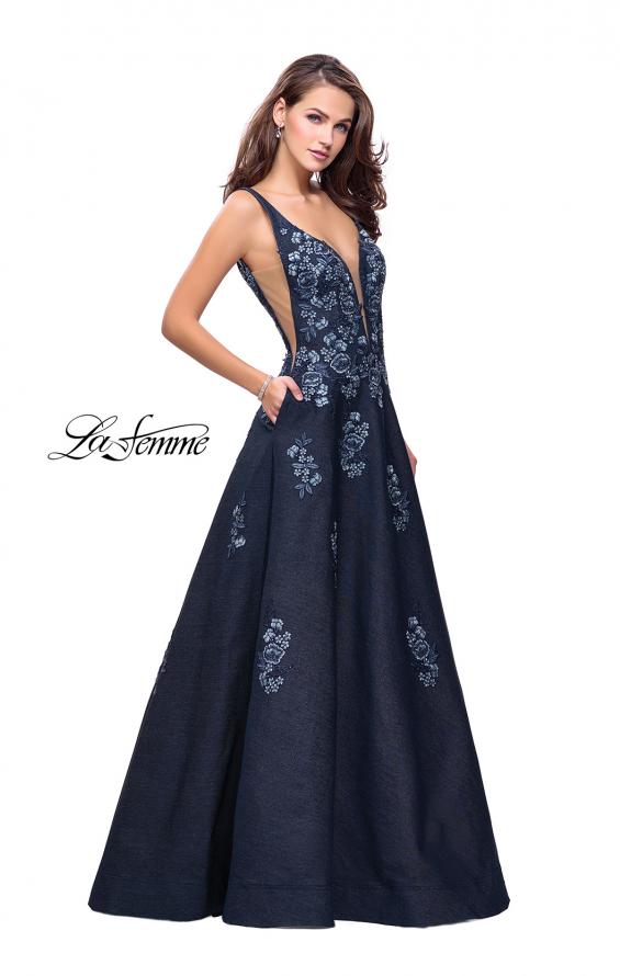 Picture of: Denim A-line Ball Gown with Floral Embellishments in Dark Wash, Style: 26265, Detail Picture 2