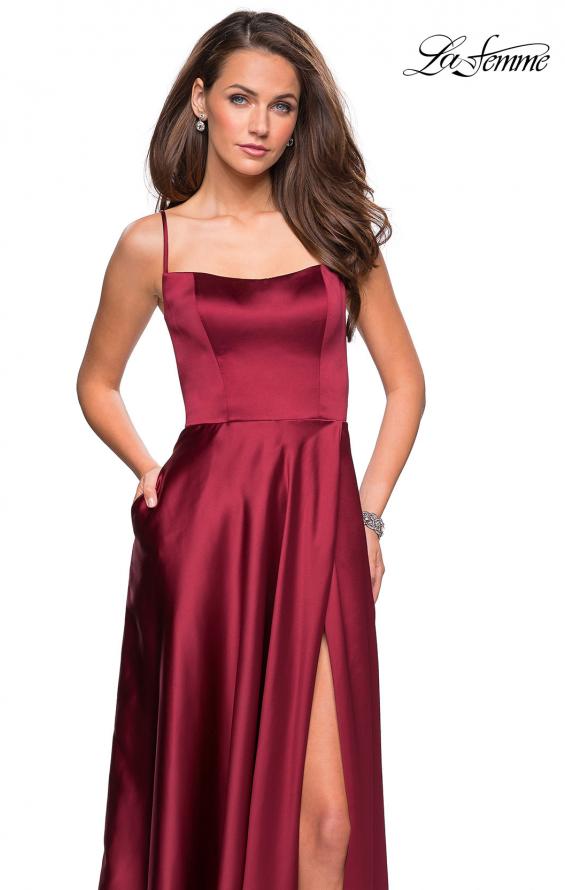 Picture of: Satin Formal Prom Gown with Scoop Neck and Pockets in Deep Red, Style: 26977, Detail Picture 1