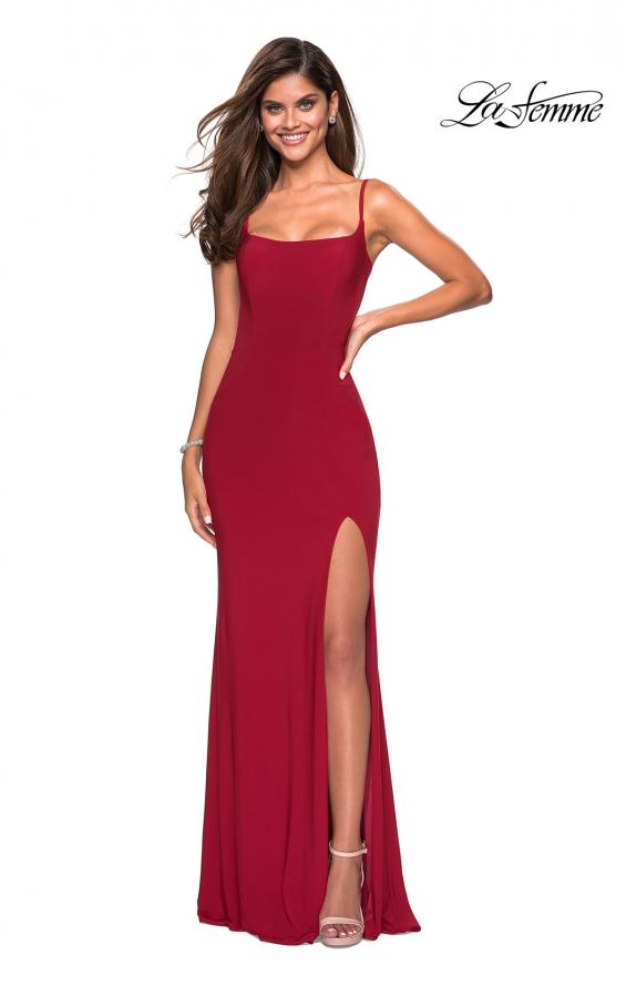 Picture of: Simple Floor Length Jersey Dress with Scoop Neck in Deep Red, Style: 27469, Detail Picture 1