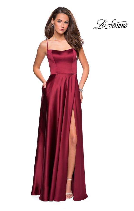 Picture of: Satin Formal Prom Gown with Scoop Neck and Pockets in Deep Red, Style: 26977, Detail Picture 4