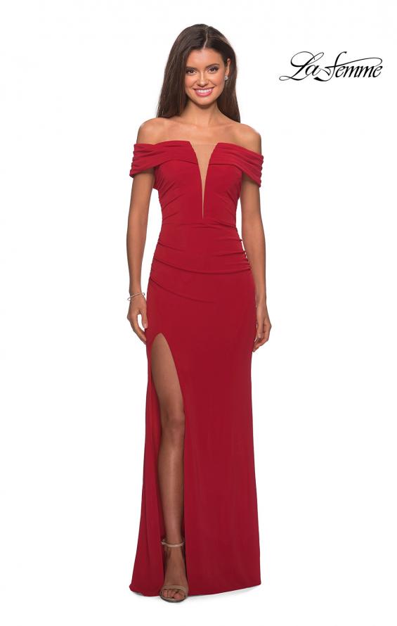 Picture of: Long Off The Shoulder Prom Dress with Deep V-Neck in Deep Red, Style: 28132, Detail Picture 4