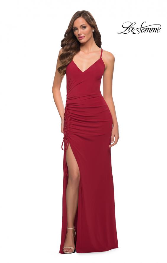 Picture of: Simple Jersey Dress with Ruched Lace Up Side Detail in Deep Red, Style 29444, Detail Picture 4
